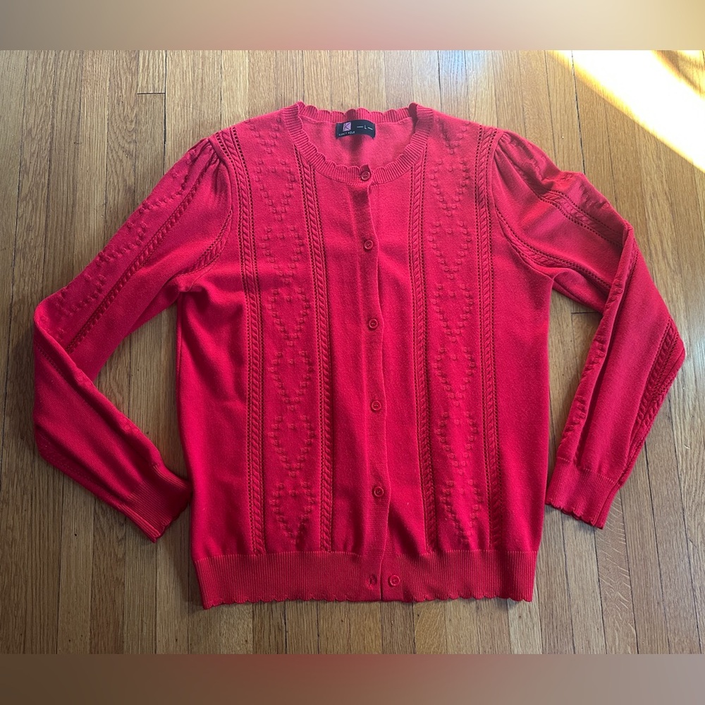 Kancy Kole Cardinal Red Heart Cardigan with Scalloped Edges, Size L